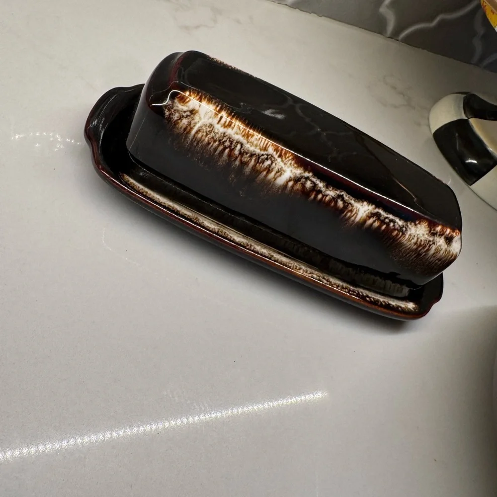 Brown Ceramic Bowl and Butter Dish Set